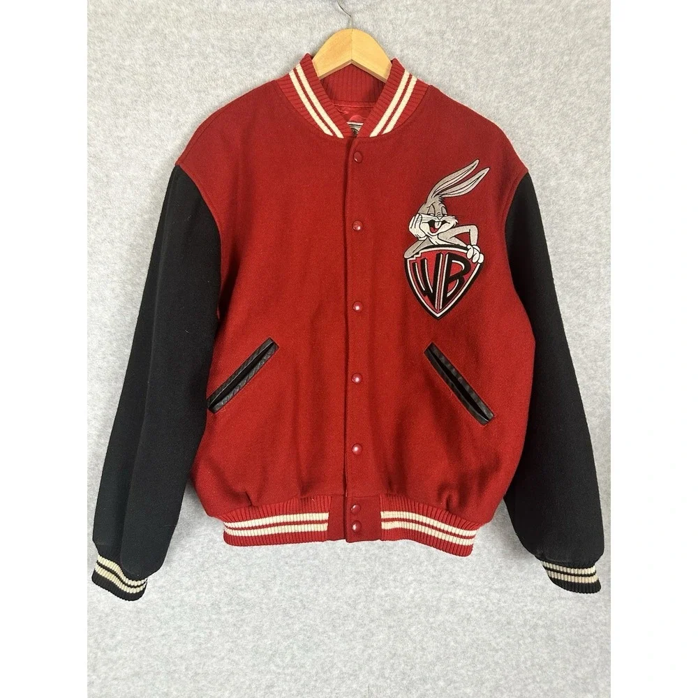 VTG 90s Warner Bros Bugs Bunny Varsity Jacket Acme Clothing Wool Red Black M USA - Picture 1 of 7
